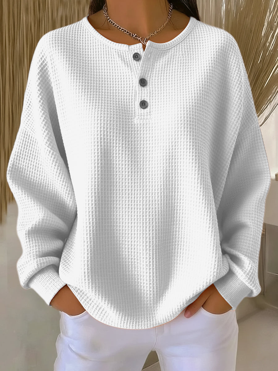 Elegant Women's Henley Sweater with Button Placket - Textured Fabric