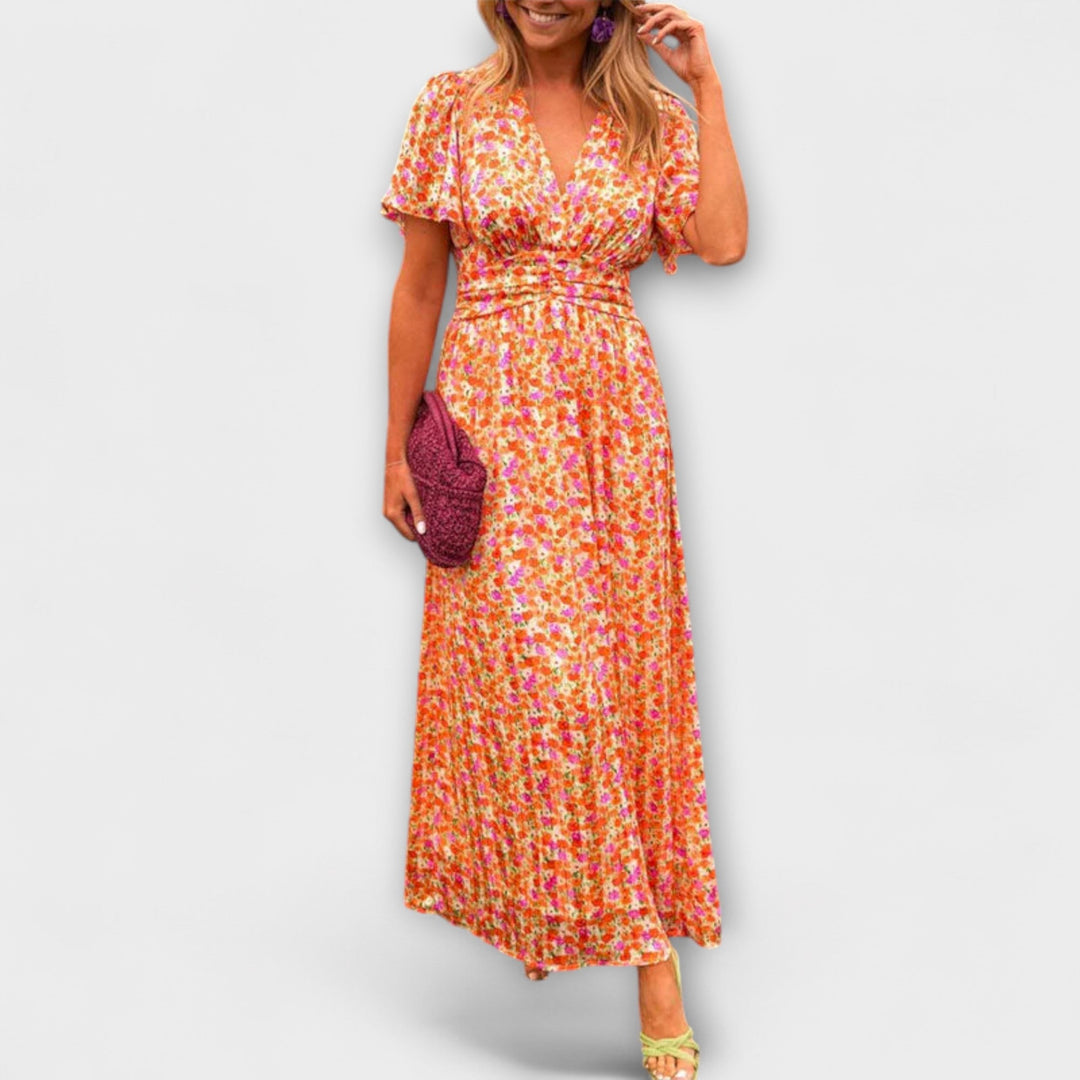 Classic Women's V-Neck Dress with Floral Pattern - Short Sleeve