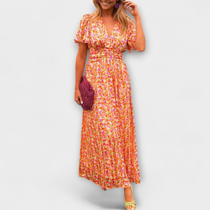 Classic Women's V-Neck Dress with Floral Pattern - Short Sleeve