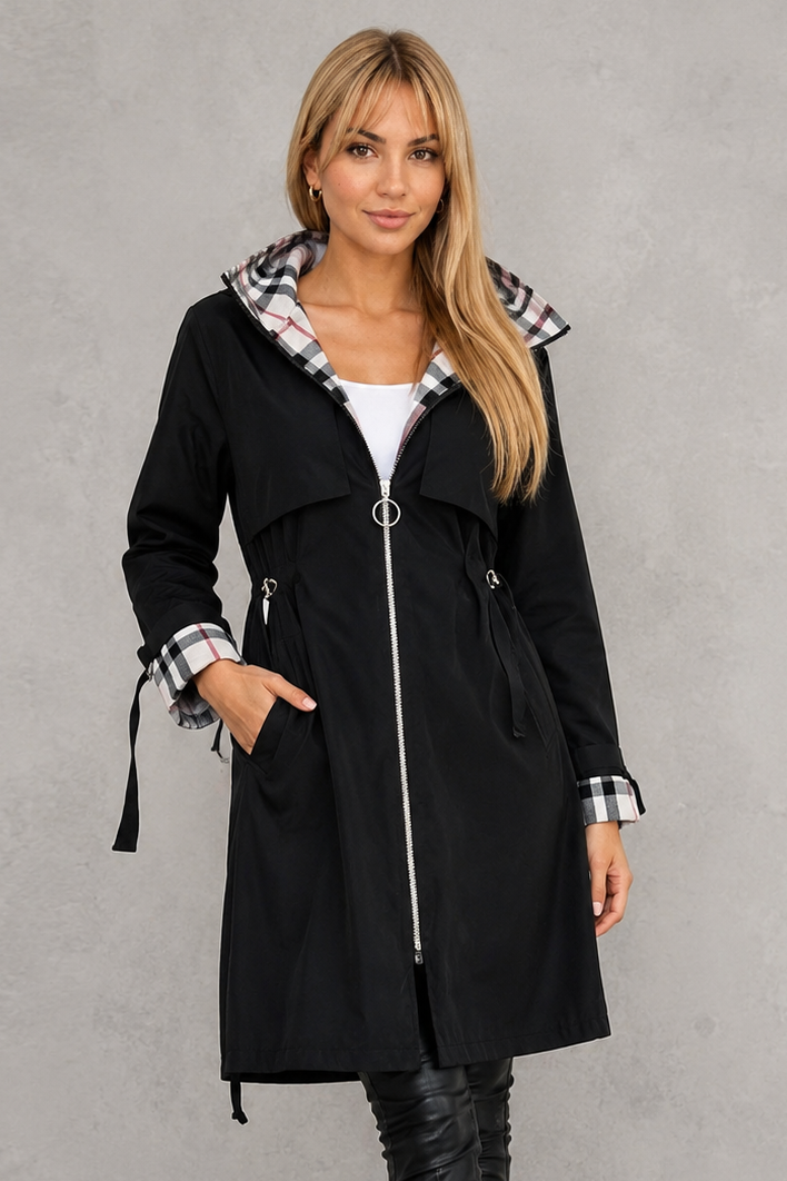 Waterproof Hooded Women's Jacket with Check Trim