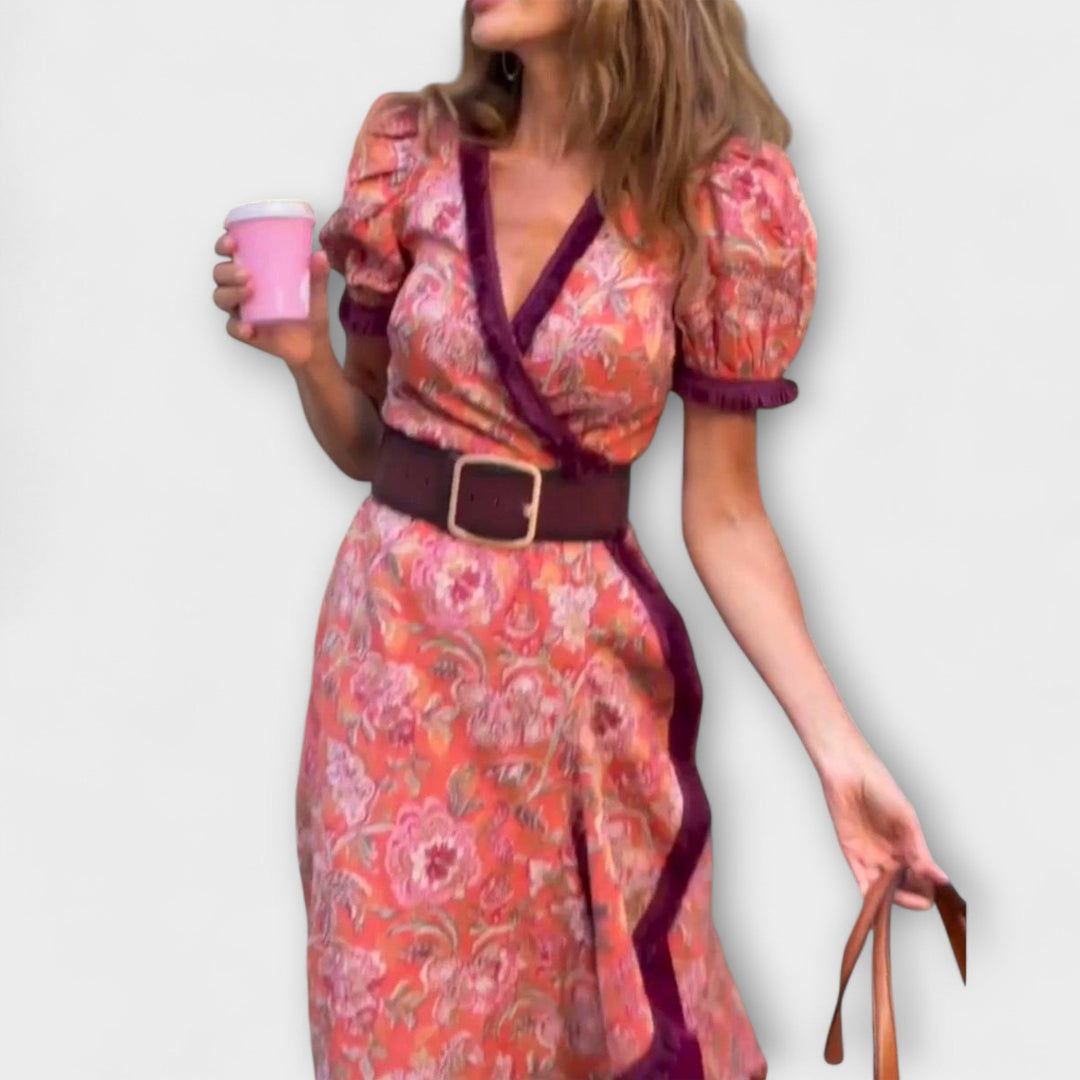 Elegant Pink Women's Maxi Dress with Short Sleeves - Flowy Fit