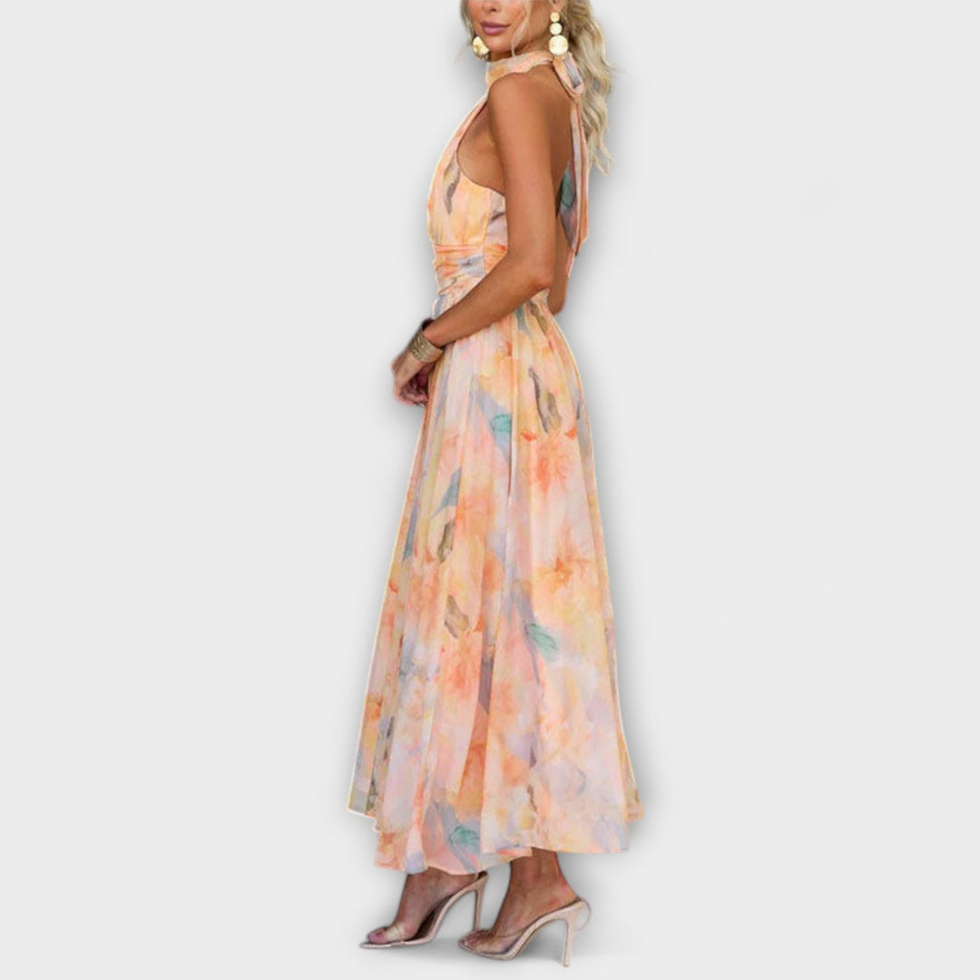 Elegant Women's Maxi Dress with Watercolor Print - Halter Neck Summer Dress