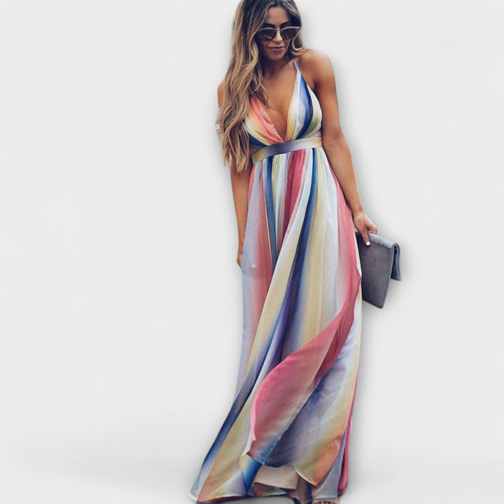 Multicolor Striped Women's Maxi Dress with V-Neck - Elegant Summer Dress