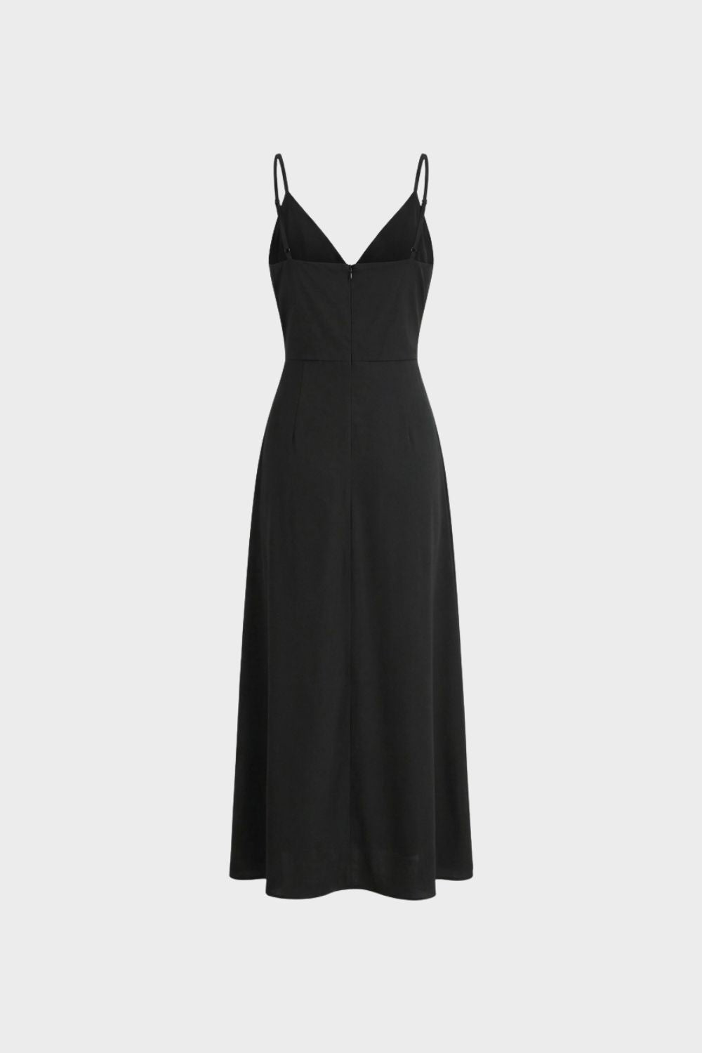 Damen Maxikleid Schwarz mit Spaghettiträger und V-Ausschnitt – Wickel-Front A-Linien-Hochzeitsgast-Look
