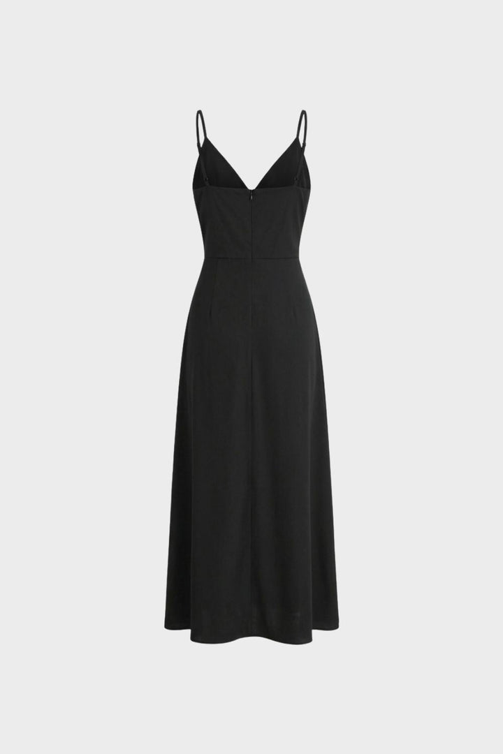 Damen Maxikleid Schwarz mit Spaghettiträger und V-Ausschnitt – Wickel-Front A-Linien-Hochzeitsgast-Look