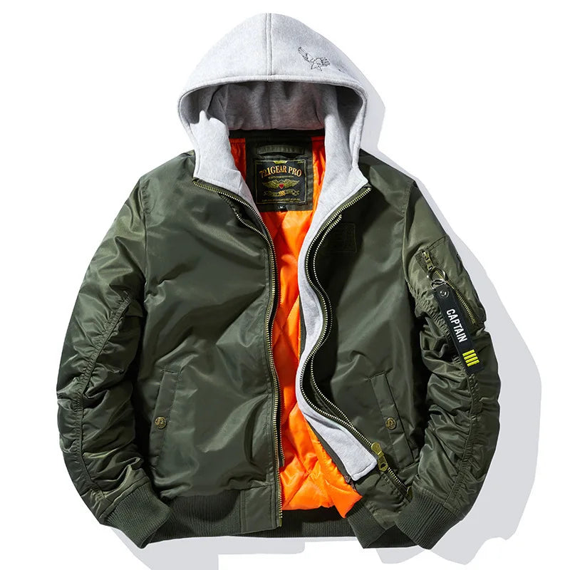 Men's Hooded Bomber Jacket - Military Style Windbreaker with Multiple Pockets