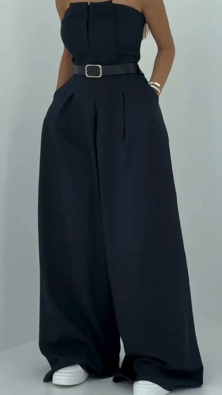 Women's Elegant Bustier Set with Jacket - Wide-Leg Pants and Structured Top