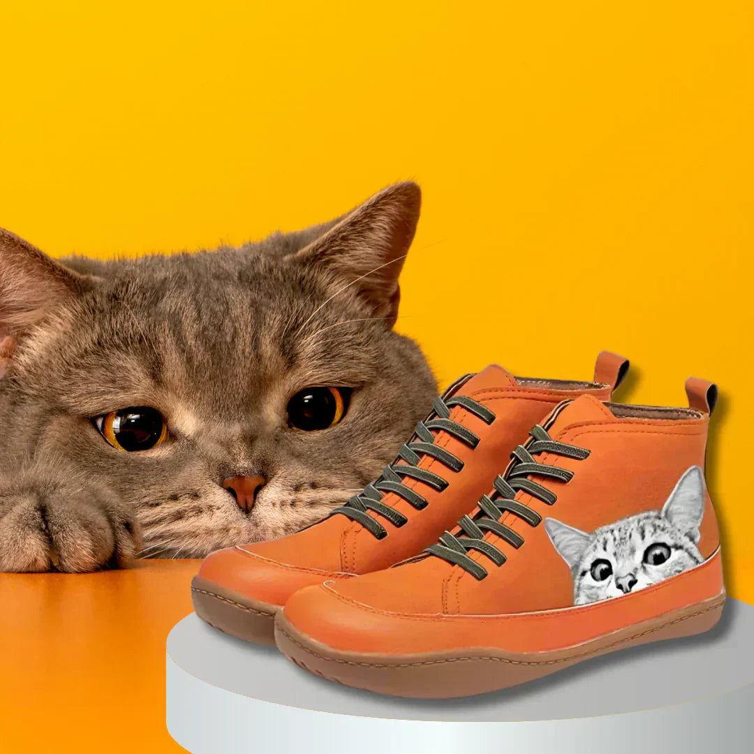 Women's Leather Ankle Boots with Cat Design - Warm-Lined Winter Boots