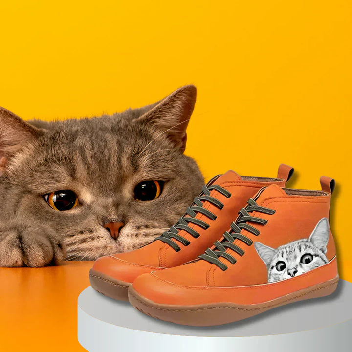 Women's Leather Ankle Boots with Cat Design - Warm-Lined Winter Boots