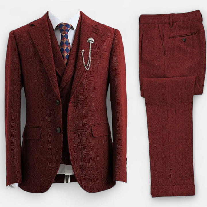 Elegant Tweed Herringbone Men's Suit Three-Piece Double-Breasted