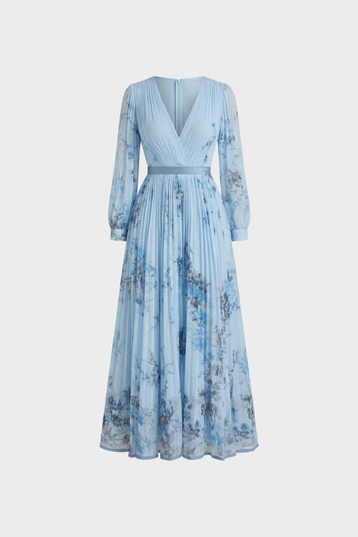 Elegant Pleated Women's Midi Dress with V-Neck