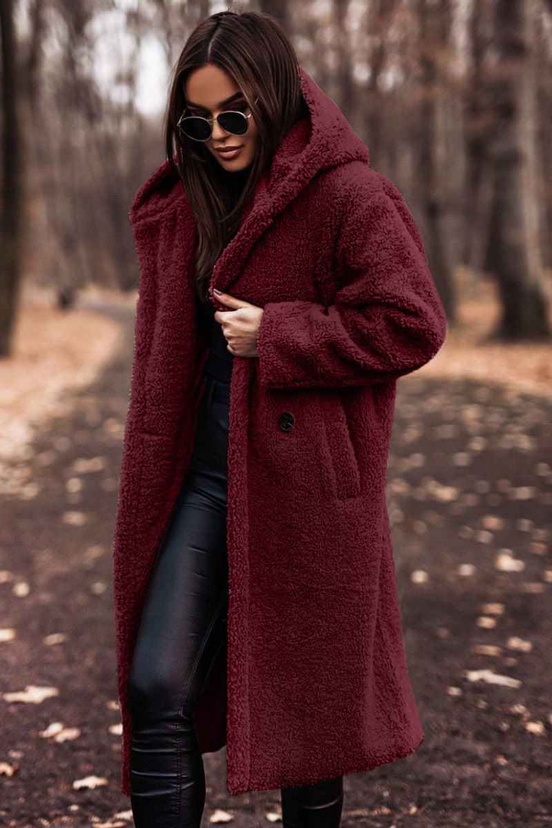 Women's Teddy Winter Coat Long with Hood - Elegant Warm Wool Coat