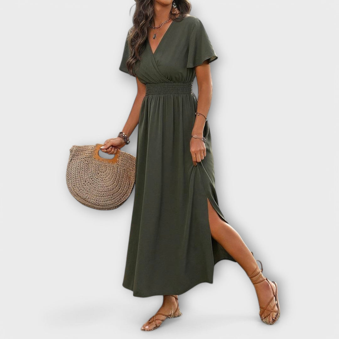 Elegant Women's Boho Dress with V-Neck and Long Sleeves