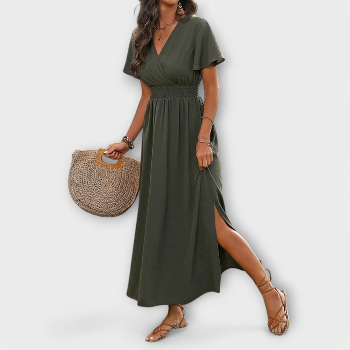 Elegant Women's Boho Dress with V-Neck and Long Sleeves