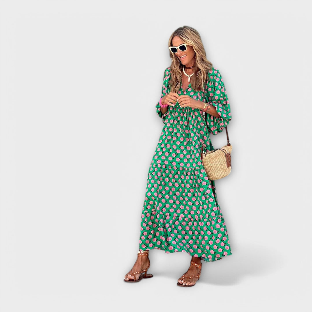 Elegant Women's Maxi Dress with Geometric Pattern - Relaxed Fit with V-Neckline