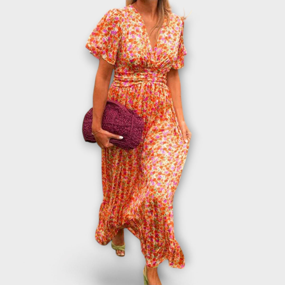 Classic Women's V-Neck Dress with Floral Pattern - Short Sleeve