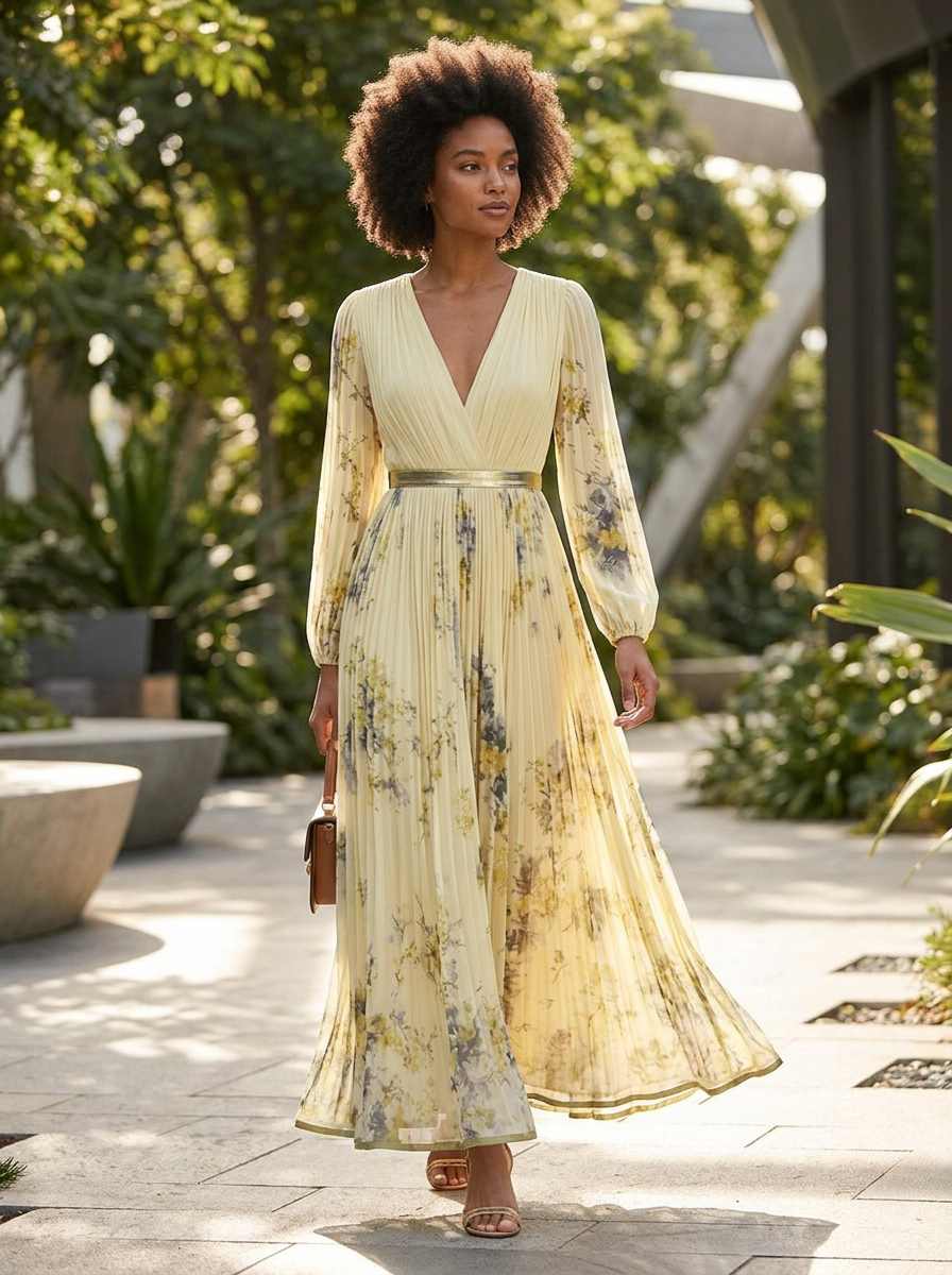 Elegant Pleated Women's Midi Dress with V-Neck