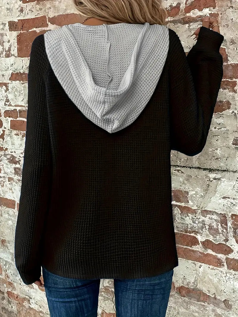 Women's Long Sleeve Hoodie with Front Buttons - Soft Waffle Knit Texture and Adjustable Hood