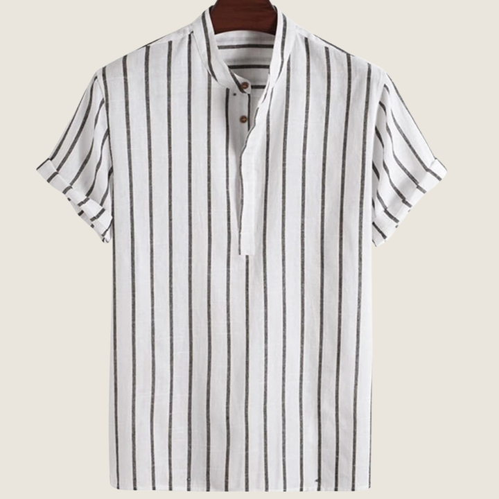 Stylish Striped Men's Short Sleeve Stand Collar Shirt