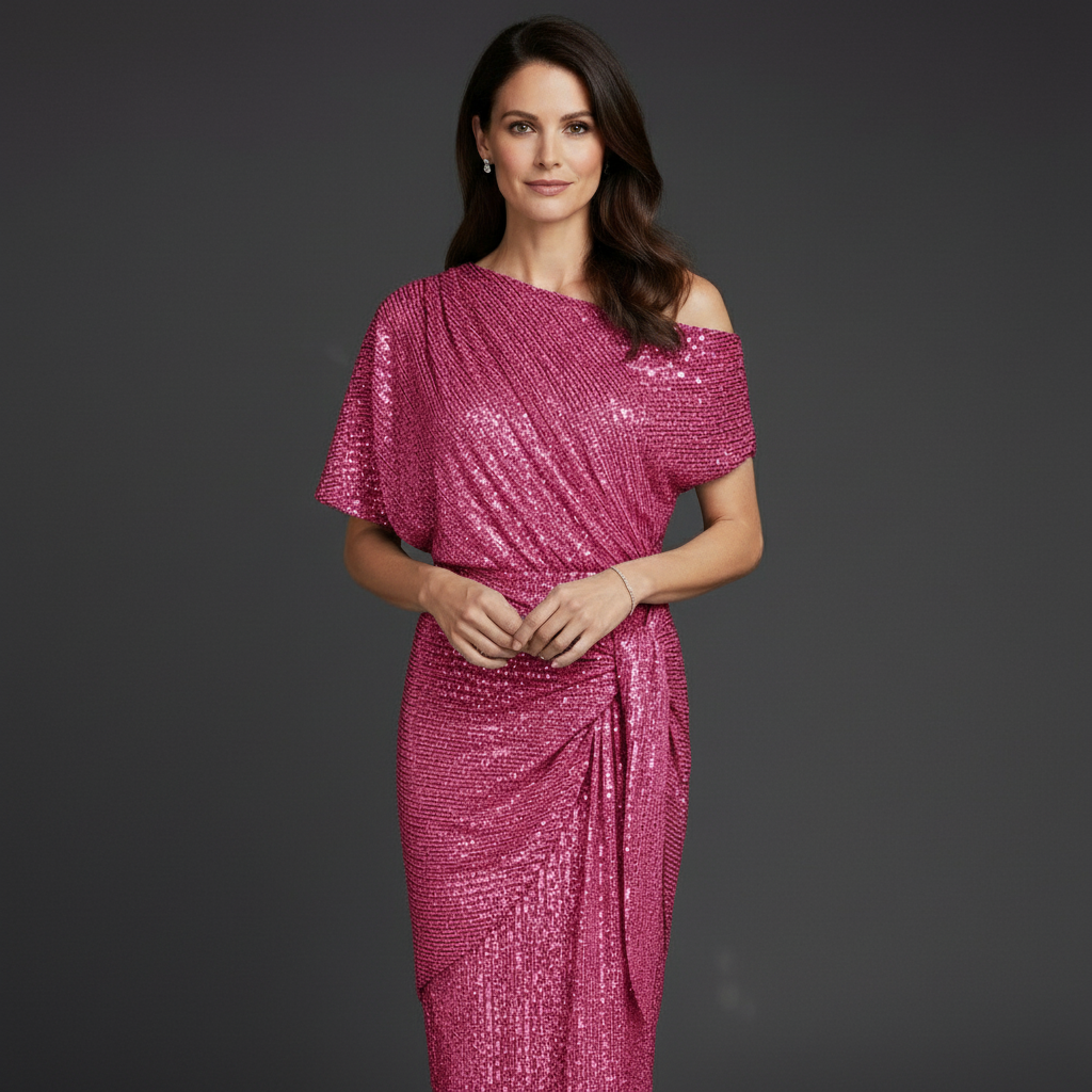 Elegant Sequin Cocktail Dress for Women with Asymmetric Shoulder