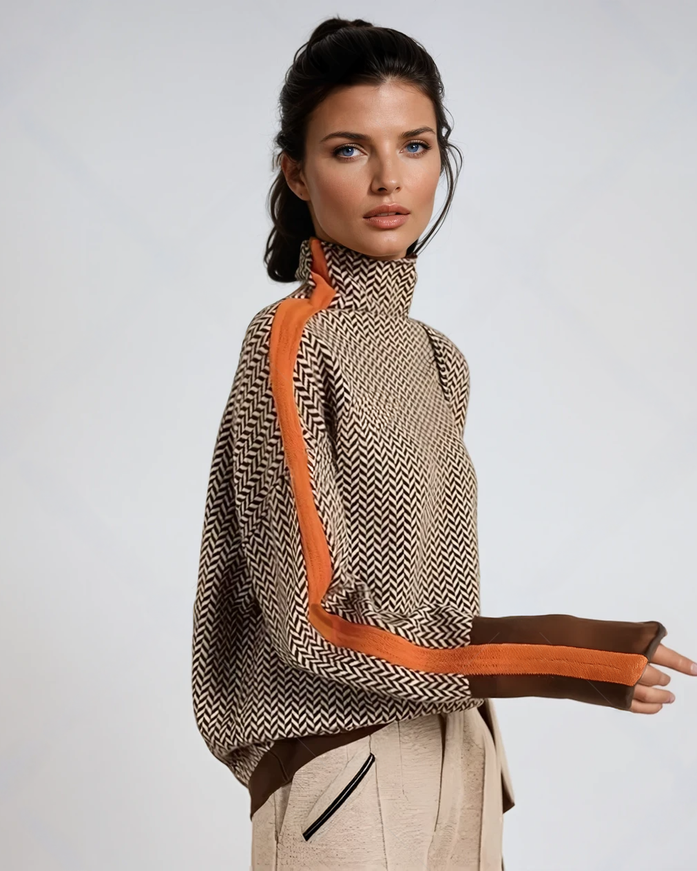 Women's Turtleneck Sweater with Geometric Pattern - Elegant Knit Pullover