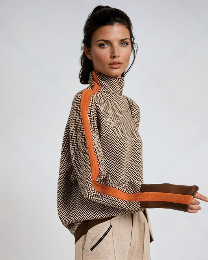 Women's Turtleneck Sweater with Geometric Pattern - Elegant Knit Pullover