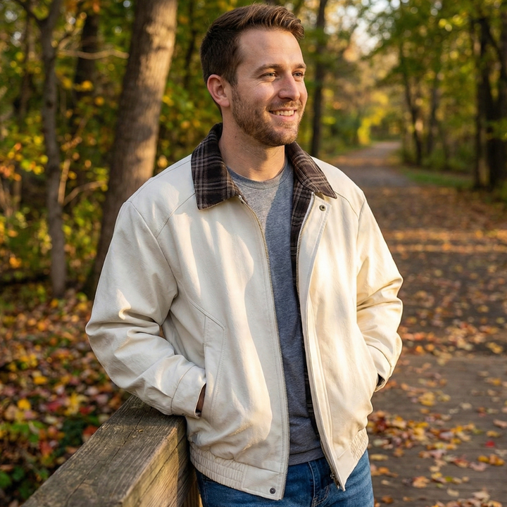 Rugged Men's Layered Jacket with Plaid Details