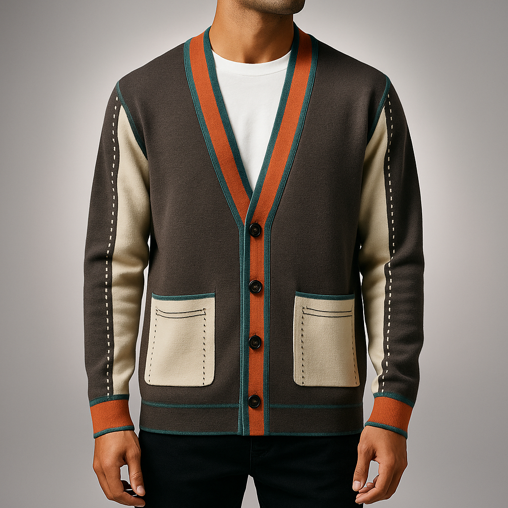 Structured Men's Cardigan with Panel Design - Modern Button-Front Knit Jacket