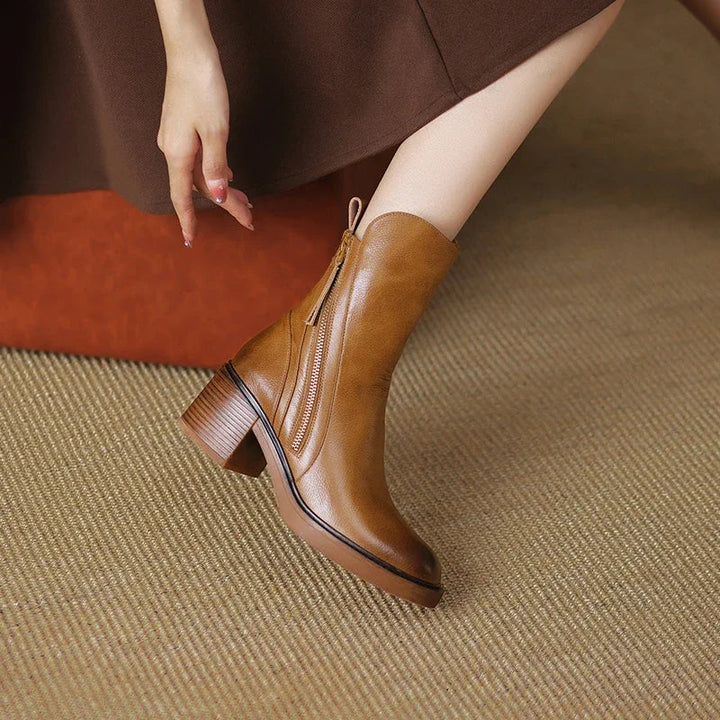 Elegant Women's Genuine Leather Ankle Boots with Block Heel