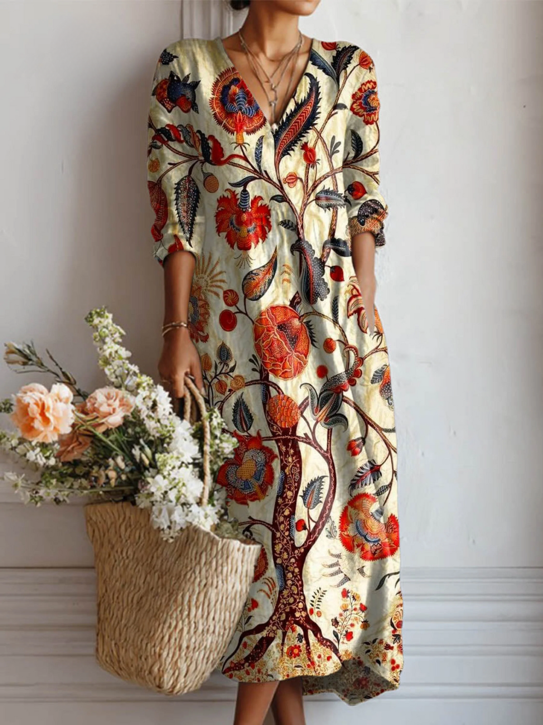 Women's Vintage Floral Print Cotton Linen Dress with Pockets