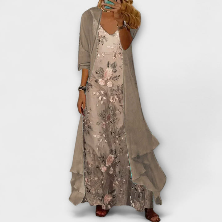Elegant Women's Maxi Dress with Jacket - 2-Piece Set with Floral Pattern
