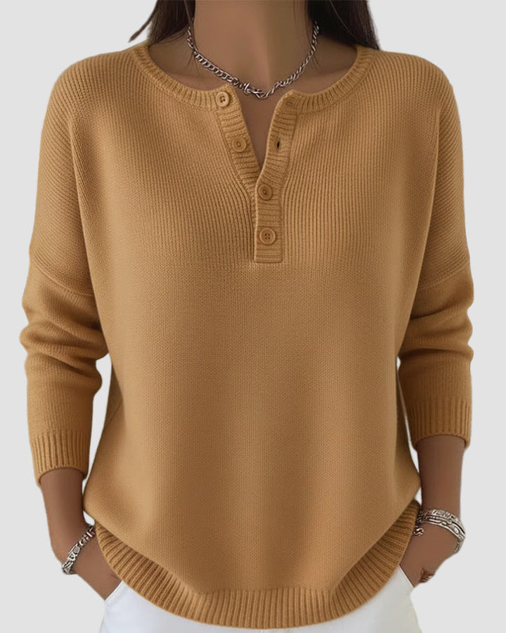 Women's Henley Knit Sweater with Button Placket - Timeless Comfort for Fall and Winter