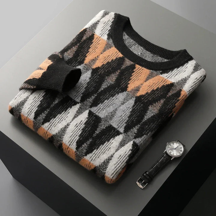 Men's Textured Pullover with Geometric Lines - Lightweight Knit