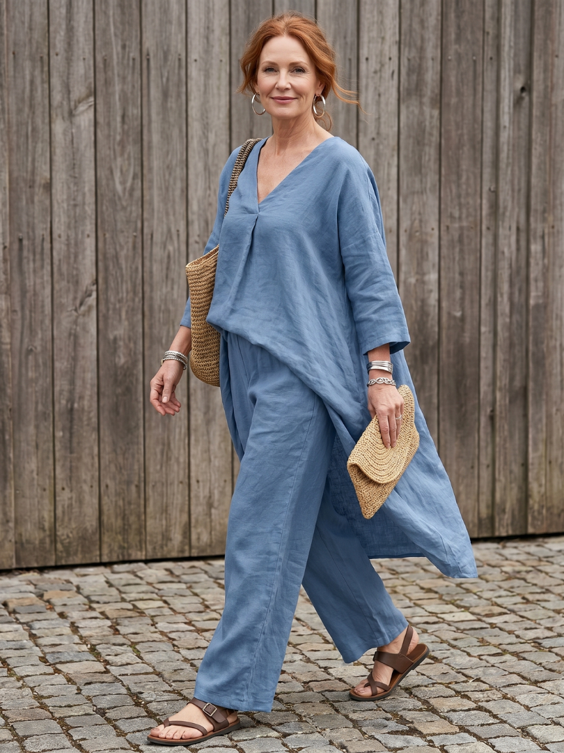 Comfortable Casual Women's Tunic Top & Wide Leg Pant Set