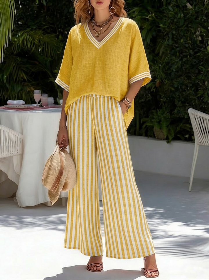 Chic Striped Women's Linen Cotton Ensemble