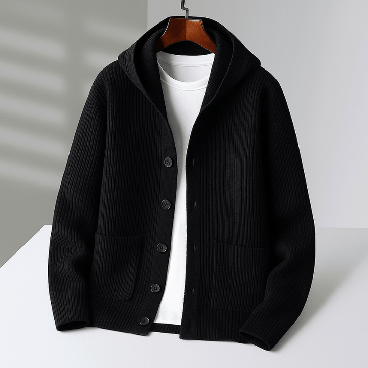 Warm Men's Hooded Cardigan - Wool Blend Cardigan with Button Closure