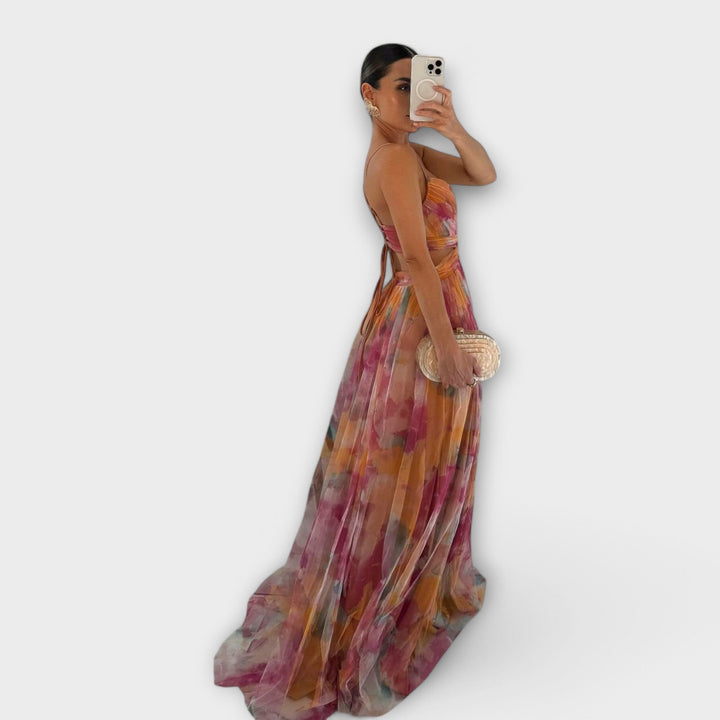 Elegant Women's Printed Mesh Maxi Dress - Figure-Hugging Fit
