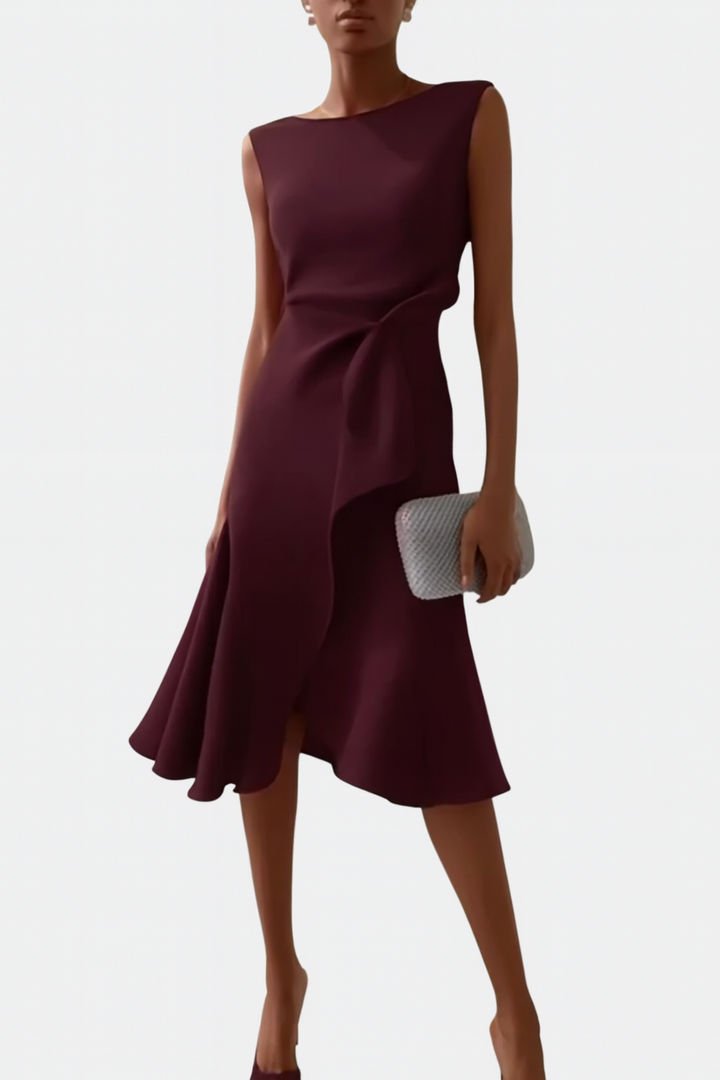 Elegant Draped Women's Asymmetric Midi Dress