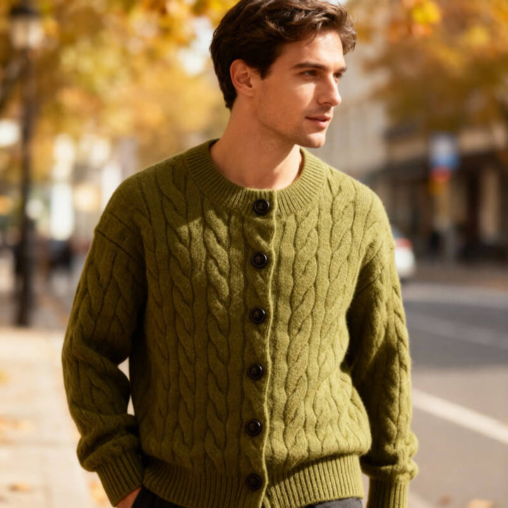 Classic Men's Cable Knit Cardigan with Button Placket