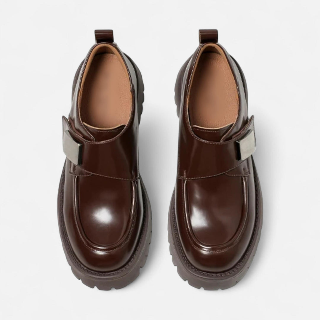 Elegant Women's Leather Derby Shoes with Round Toe and Buckle Closure