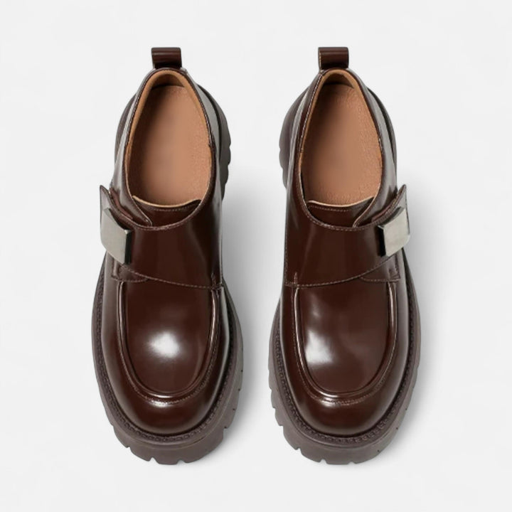 Elegant Women's Leather Derby Shoes with Round Toe and Buckle Closure