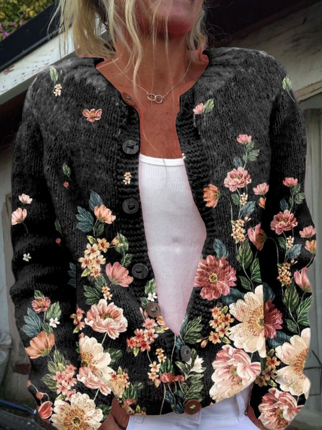 Women's Floral Print Cardigan - Casual Button-Up Knit Jacket