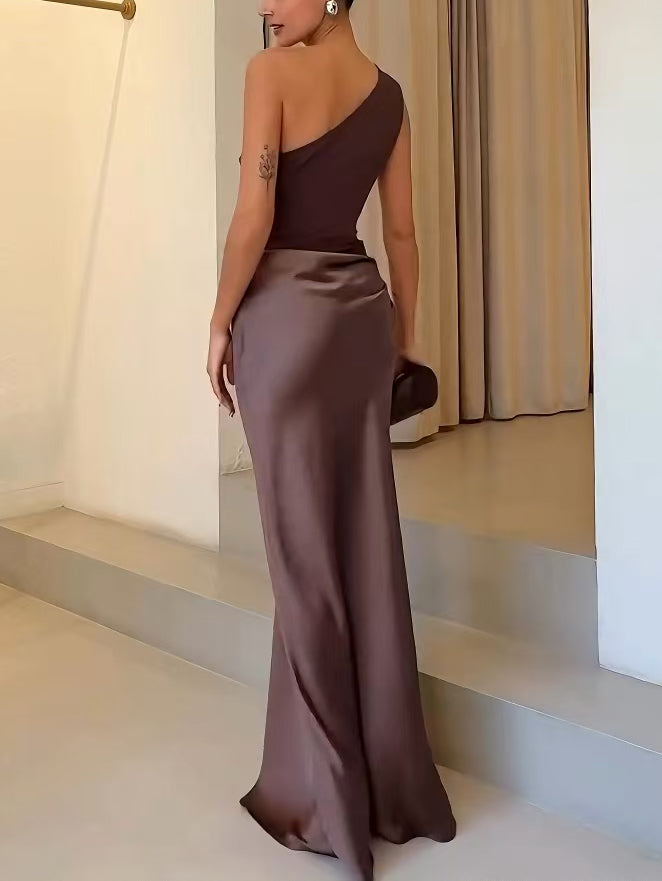 Elegant One Shoulder Pleated Women's Party Maxi Dress