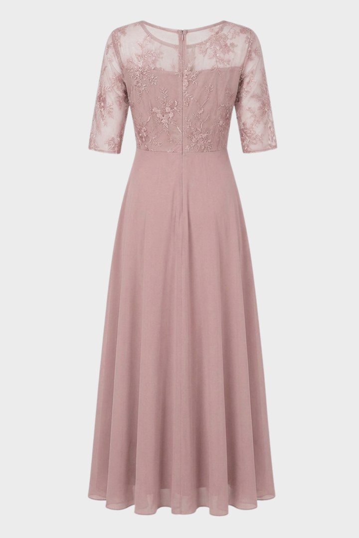 Elegant Festive Women's Chiffon Maxi Dress with Lace Bodice and 3/4 Sleeves