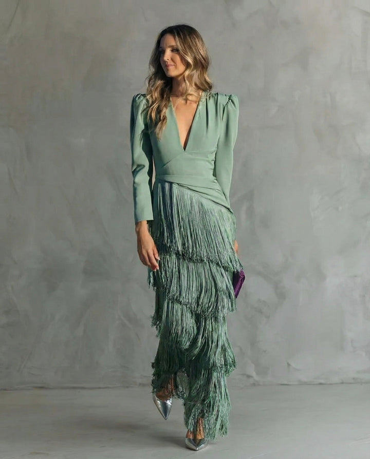 Elegant Fringe Sleeve Women Midi Wedding Guest Dress