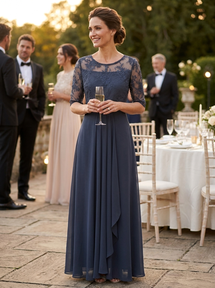 Elegant Festive Women's Chiffon Maxi Dress with Lace Bodice and 3/4 Sleeves
