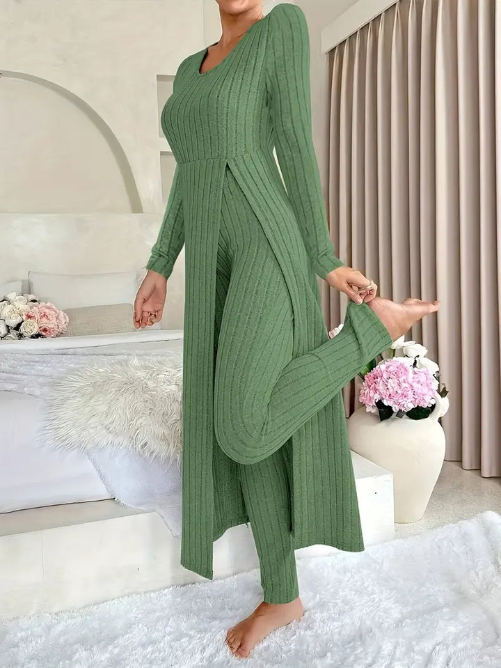 Women's Ribbed Set in Soft Rib Knit - Long Sleeve Top with Matching Pants