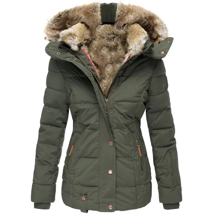Women's Winter Jacket with Faux Fur Hood - Warm Quilted Jacket Fitted