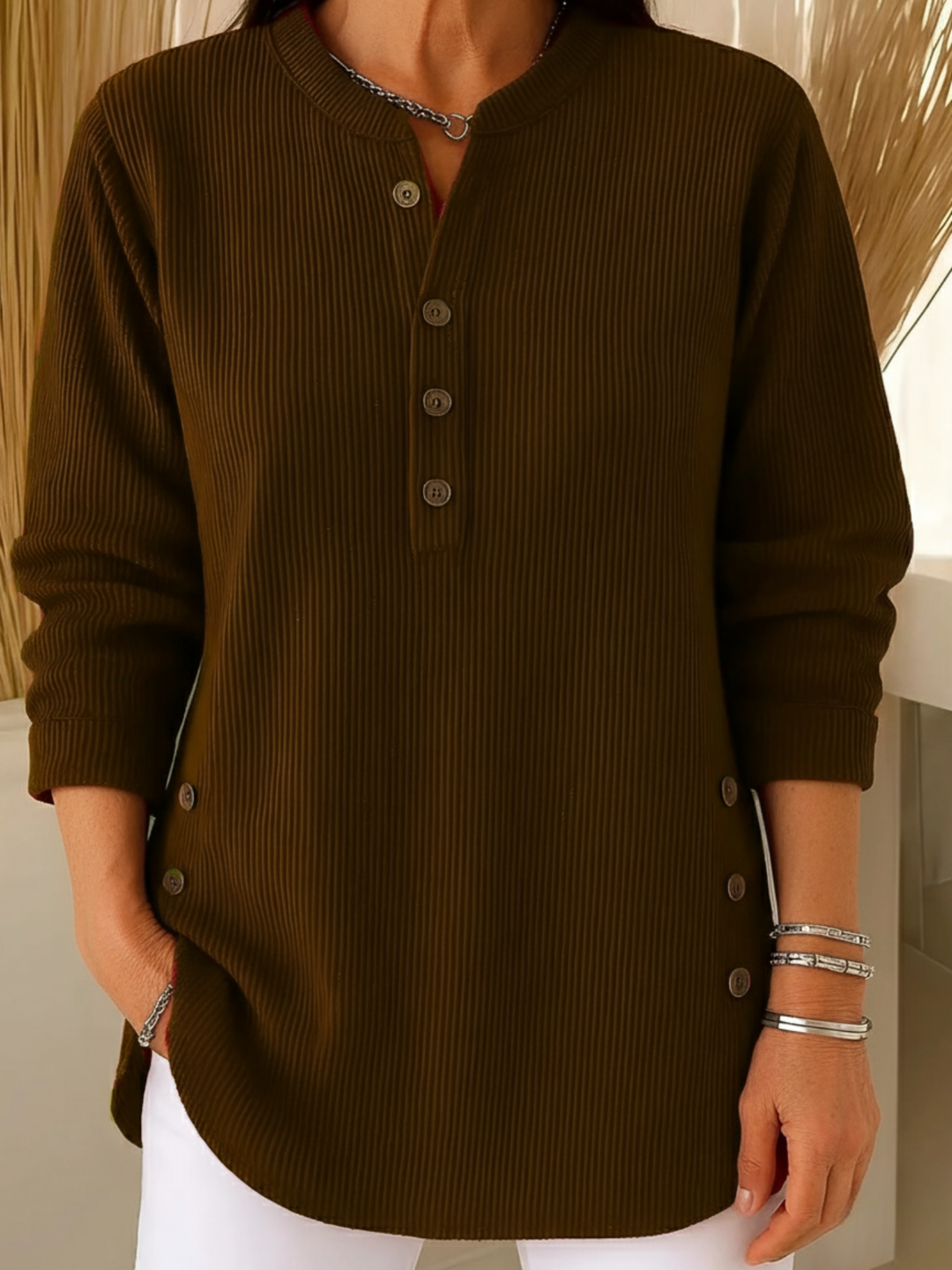 Elegant Women's Knit Sweater with Button Placket - Soft and Feminine
