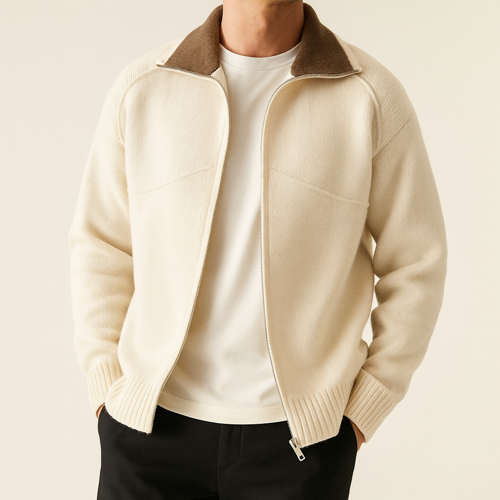 Men's Knit Zip Cardigan with Mock Neck for Business and Casual Wear